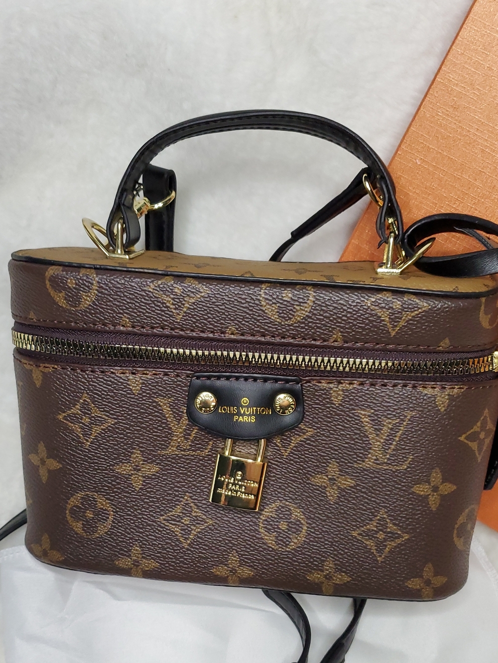 2 Tones Brown LV Monogram Mini Vanity Bag with Top Handle Strap 23 " Long.